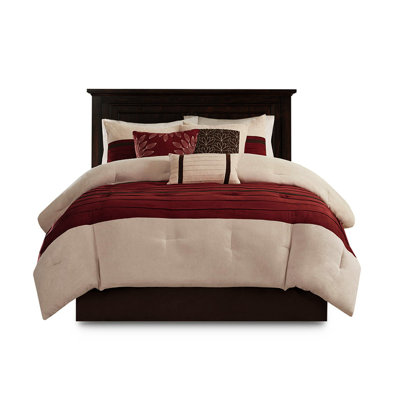 Queen Size Red Comforter - 7 Piece Faux Suede Core Decorative Pillows Washable And Pc Transitional Comfortable Machine Wash Wrinkle- Option