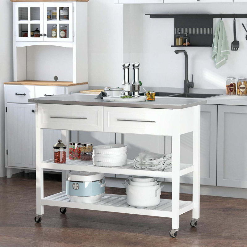 Kitchen Island with Stainless Steel Top, Open Shelves, and Drawers, Gray
