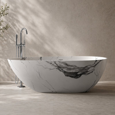 59" Freestanding Solid Surface Bathtub With Ink-style Marble Finish, Egg Design Resin Stone Bathtub With Backrest