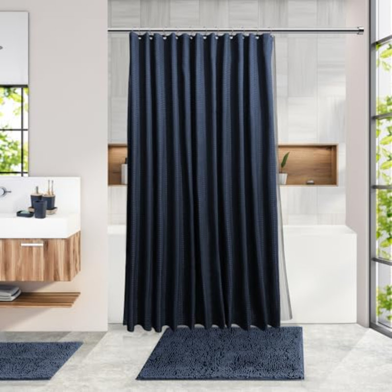 Bathroom Accessories Set - Bathroom Set, Bathroom Sets With Shower Curtain And Rugs, Shower Curtain Set With Bathroom Trash Can - Navy - 22PC