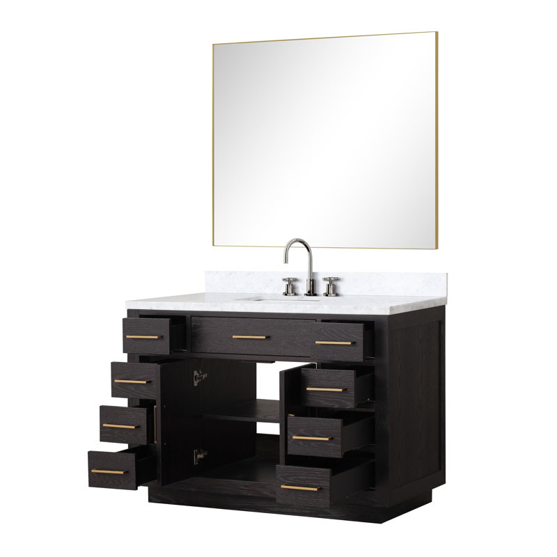 48" Single Bathroom Vanity Set with Mirror, White Carrara Marble, Black Oak