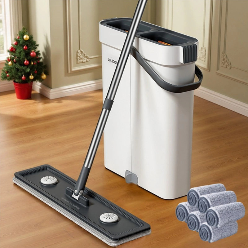 JOYBOS 53-Inch Hands-Free Flat Mop with Dual-Chamber Cleaning Bucket, 6 Replacement Cleaning Pads, and Narrow Bucket Design for Easy Storage
