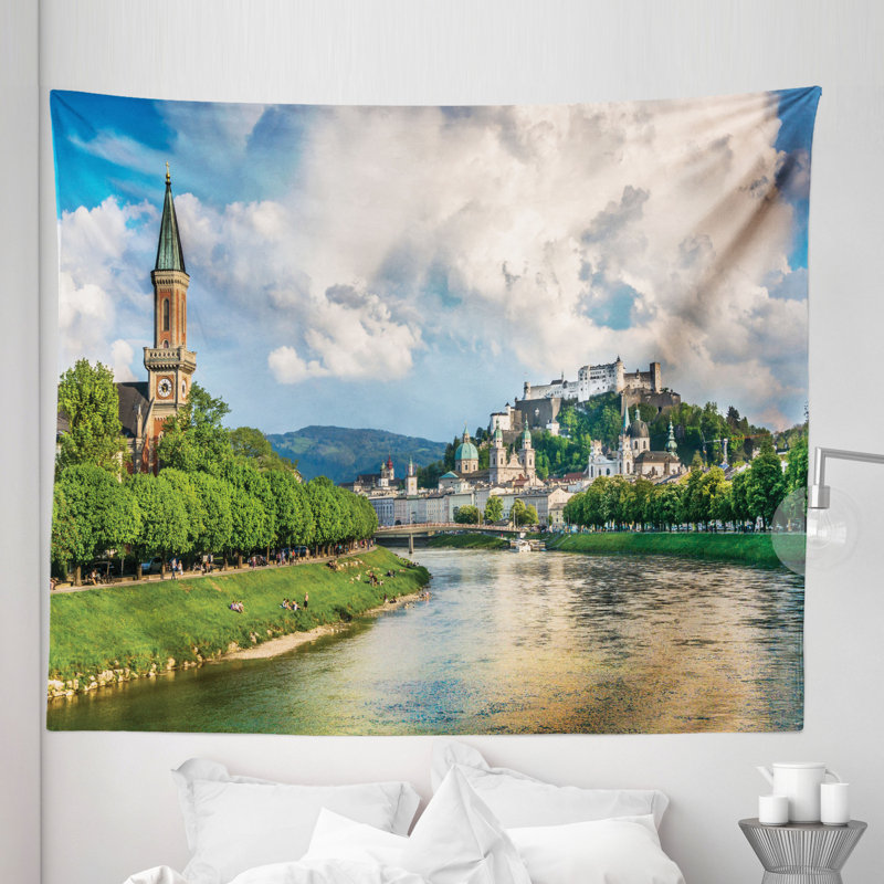 Historic Print European of Salzburg Land with Cloudy Sky and River in Austria Tapestry, 264.16cm H x 223.52cm W