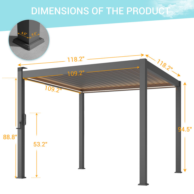 Patio Aluminum Metal Frame Pergola, Freestanding Lighted Patio Pergola with Adjustable Louvered Roof for Outdoor, 10' x 10'