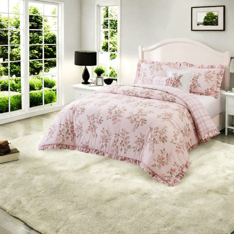 Ensemble de literie King, couette à volants floraux en microfibre douce pour la maison