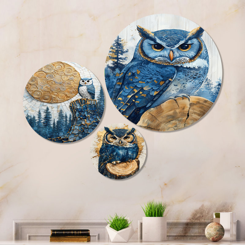 «Owl Into Sapphire Forest Landscape I» - ensemble d'art mural en métal bleu 3
