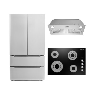 Cosmo 3 Piece Kitchen Appliance Package with French Door Refrigerator , 30'' Electric Cooktop , Insert Range Hood , and Air Fryer -  COS-3PKG-372