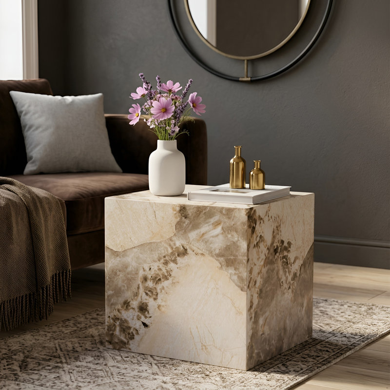 Chiel 15.7'' Tall End Table & MDF Coffee Table With Stylish Texture Design, Beige