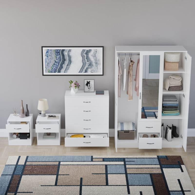 Tayce 4 Piece Bedroom Set (1 Drawer Bedside Chest X2, 5 Drawer Chest, 3 Door 2 Drawer Mirrored Wardrobe), White