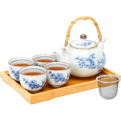Porcelain Tea Set With Teapot And 4 Cups, Handcrafted Blue And White Design With Stainless Steel Infuser And Bamboo Tray, Elegant Asian Tea Set For Tea Lovers