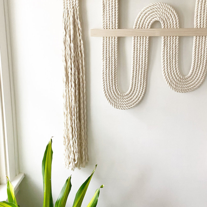 Vibrato Hand Woven Cotton Wall Hanging, Ivory/Natural Wood