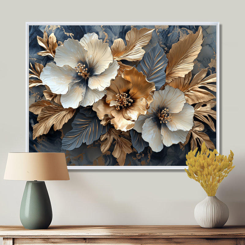 Clarise Goldem Hibiscus liquide Art Harmony II - Hibiscus Wall Art Decor, H 24 po x l 32 po, Avec cadre, Blanc