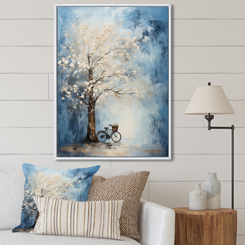 Indigo Intrigue arbre blanc sur toile, H 40 po x l 30 po x P 1,5 po, Cadre flottant blanc