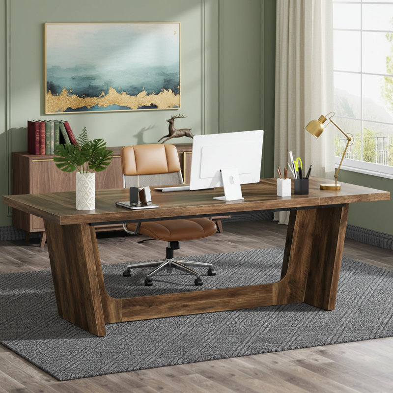 70.8-Inch Executive Desk, Wood Study Computer Desk Writing Table, Brown