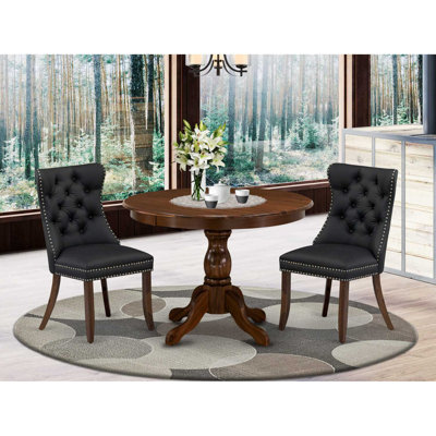 3 Piece Dining Set for Small Spaces Consists of a Round Kitchen Table and 2 Upholstered Chairs, Antique Walnut