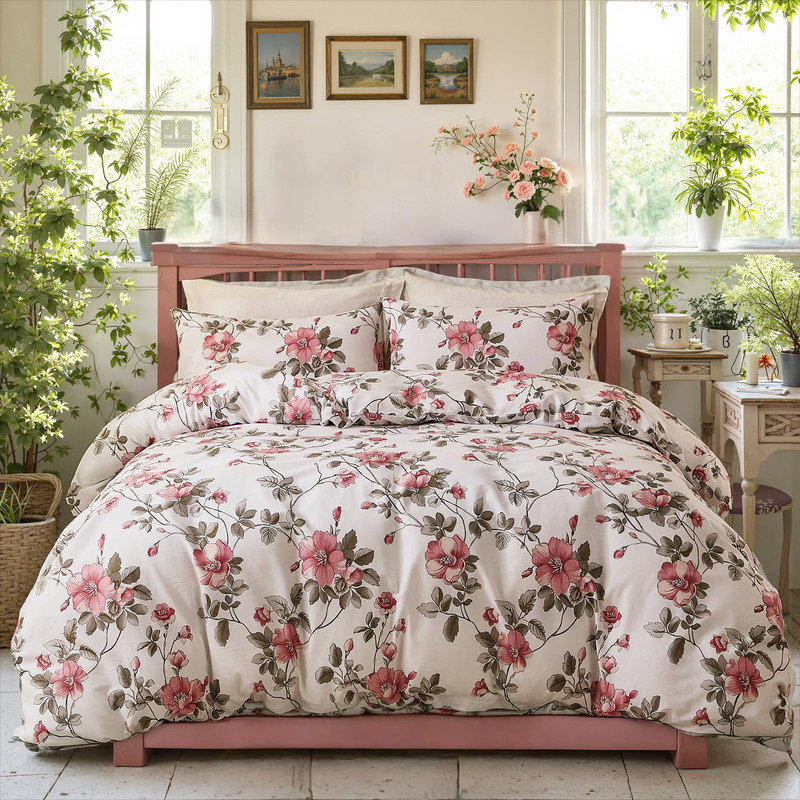 Ensemble de housse de couette 100% coton grand format - Literie botanique rose et légère respirante 3 pièces
