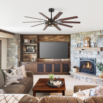 60" Industrial Ceiling Fan with Light Kit and Remote, 10-Blade Black/Walnut Fan, 4-Light E12 Socket, 6-Speed Reversible DC Motor
