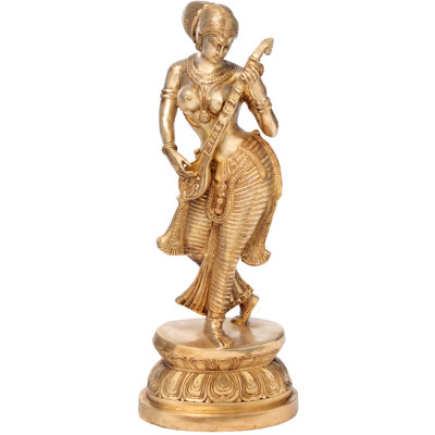 Statue de grande déesse debout de 35 po en laiton Saraswati