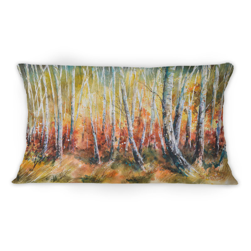 Coussin blanc à motif de forêt d'automne dense dans une forêt d'automne dense 12 po x 20 po