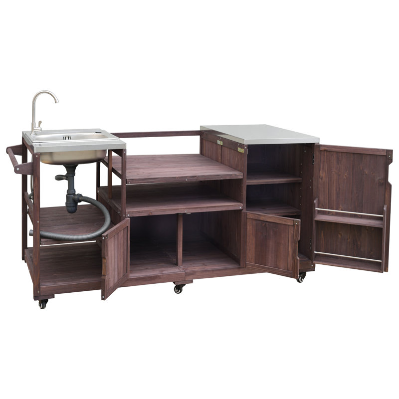 75.4" Outdoor Kitchen Island with Sink, Solid Wood Outdoor Grill Cart for XL Green Egg Grills, Rolling Outdoor Bar Cart with Stainless Steel Top, for Pizza Prep & BBQ