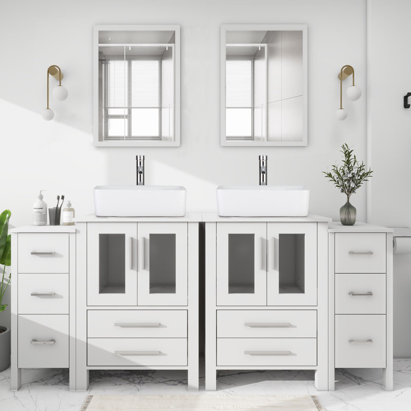 Aidie 72" Double Bathroom Vanity Set with Ceramic Sink, Water Saving Faucet, White, White