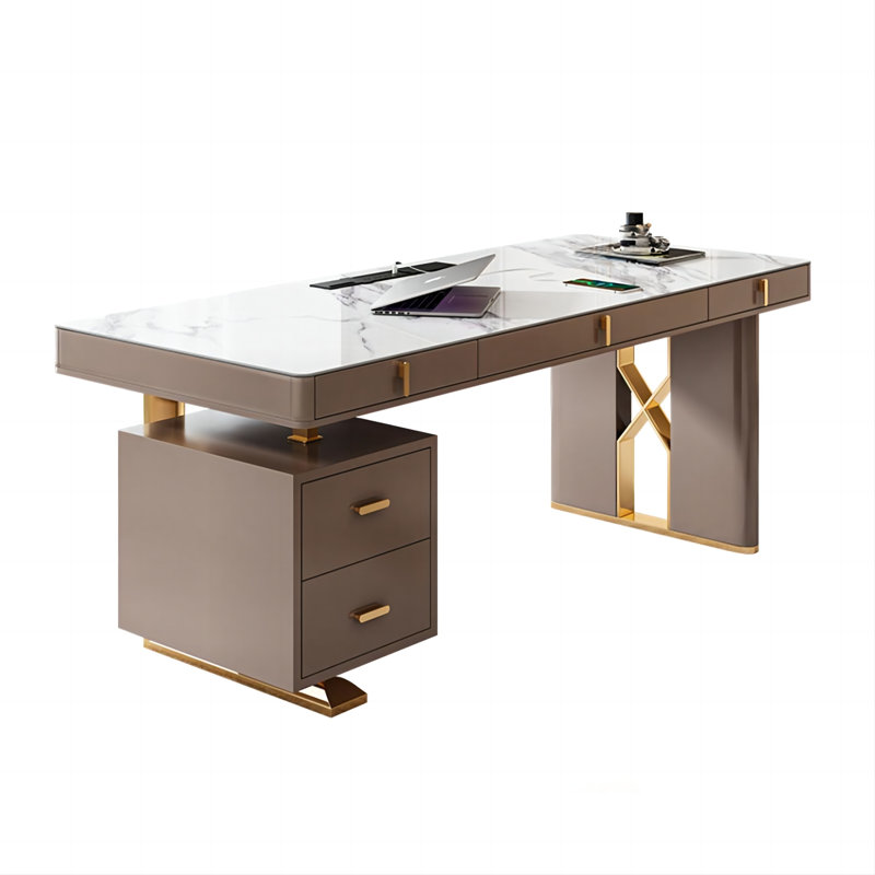 Bureau beige rectangulaire en pierre frittée, 5 tiroirs en bois massif, H 29,53 po x l 70,87 po x P 27,56 po