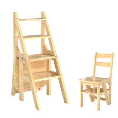 4-in-1 Convertible Natural Wooden Step Ladder Chair, Multi-functional Shelf & Tall Ladder for Home