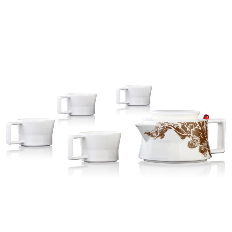 LIULI Living, Bone China Tea Set | A Leisurely Drop of Red (1 Teapot, 4 Teacups)