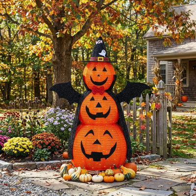 Citrouille décorative d'Halloween en tissu lumineux rétractable de 1,5 m avec cape et ailes, décor de jardin orange à 3 niveaux, 130 DEL blanc chaud, pliable pour intérieur/extérieur (porche et pelouse).