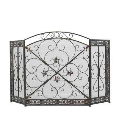 Black Metal Scroll Foldable Arched 3 Panel Living Room Fireplace Screen with Fleur De Lis Accents, 52" x 1" x 31"