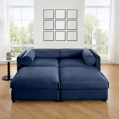 Élégant canapé 2 places en chenille avec 2 repose-pieds, dossier cylindrique et accoudoirs, causeuse moderne en tissu avec rangement dissimulé