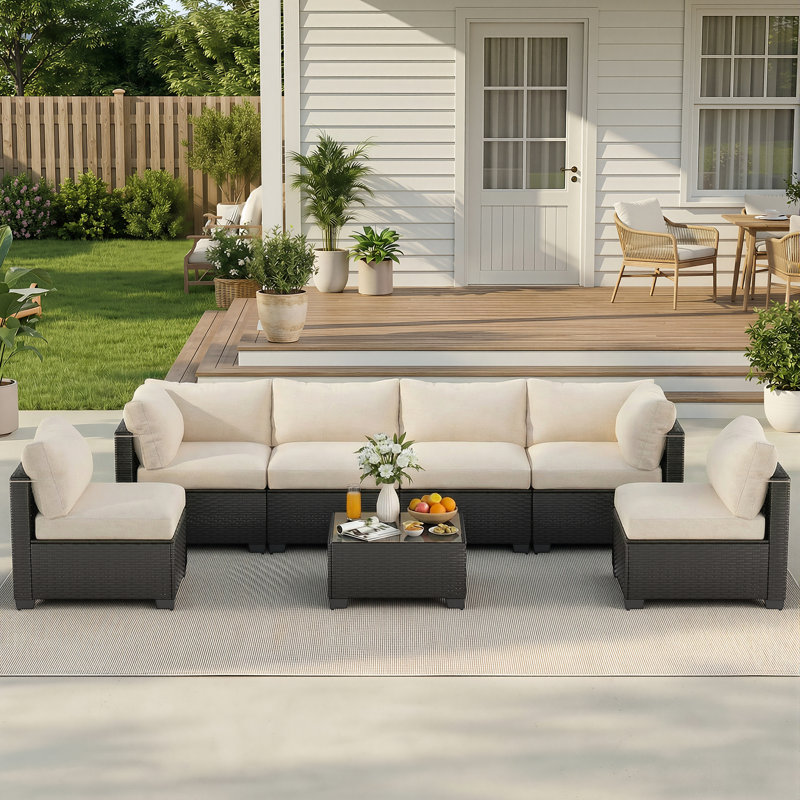 Outdoor 7-Piece Modular Rattan Patio Conversation Set with Cushions, White, Black