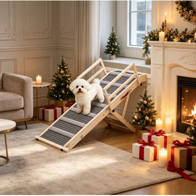 Adjustable Folding Wooden Dog Ramp with Side Rails & Non-Slip Mat for Pets