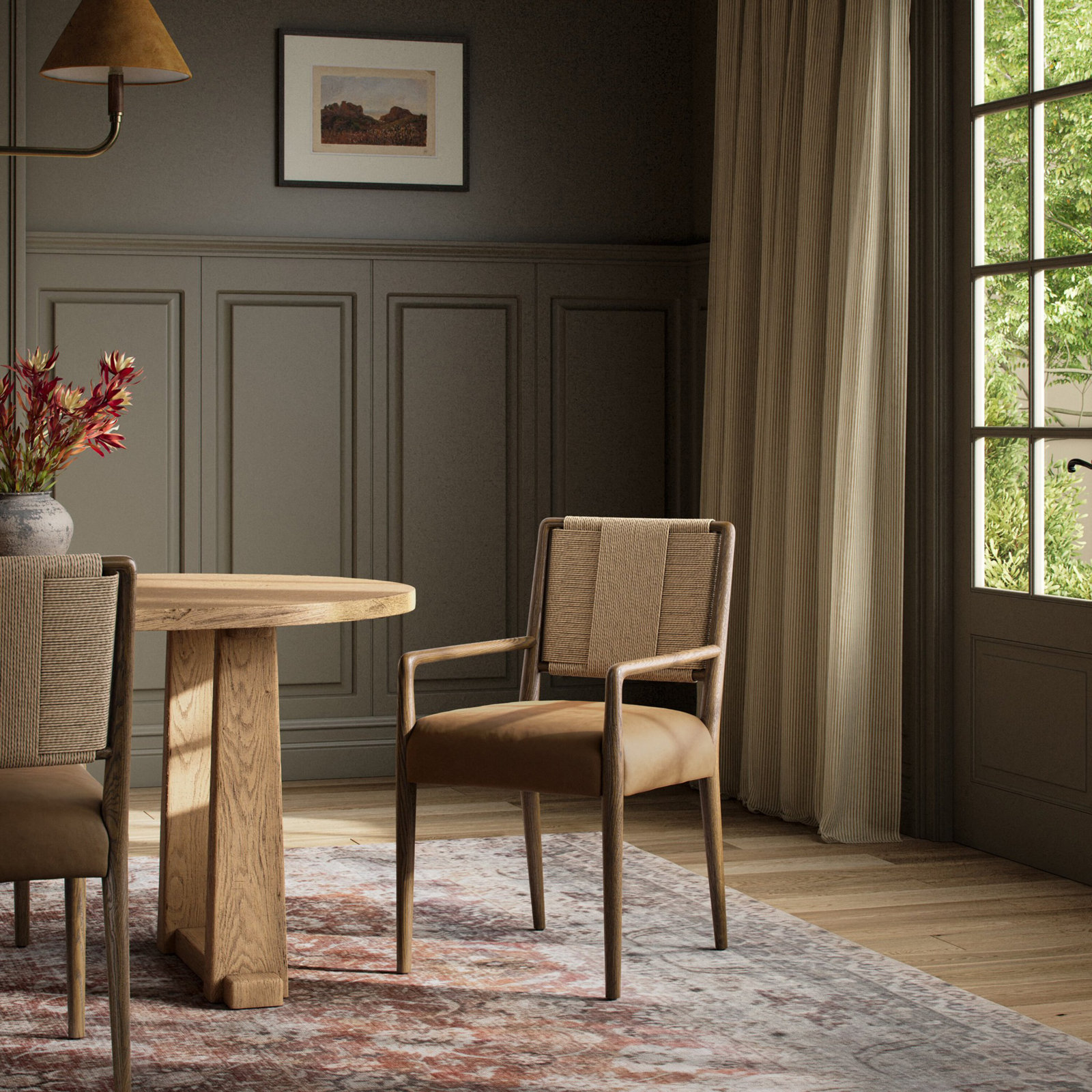 Betha Polyester Blend Armchair Dining Chair, Maestro Camel, Tan Ash
