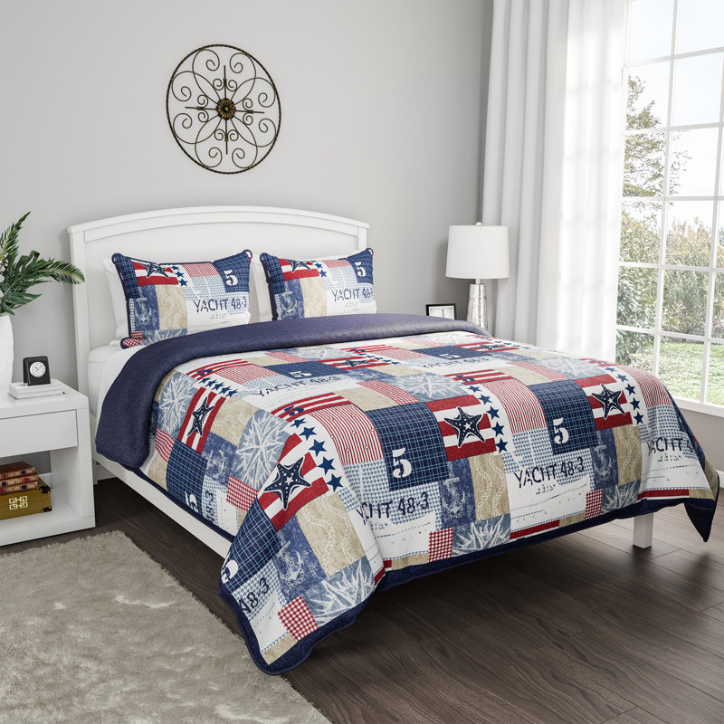 Full/Queen Blue Microfiber Nautical Americana Quilt Set