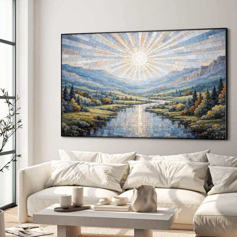 Très grand art mural imprimé sur toile - Paysage de rivière bleu ensoleillé, décor de salon traditionnel - "Assemblage requis (cadre non fini)"