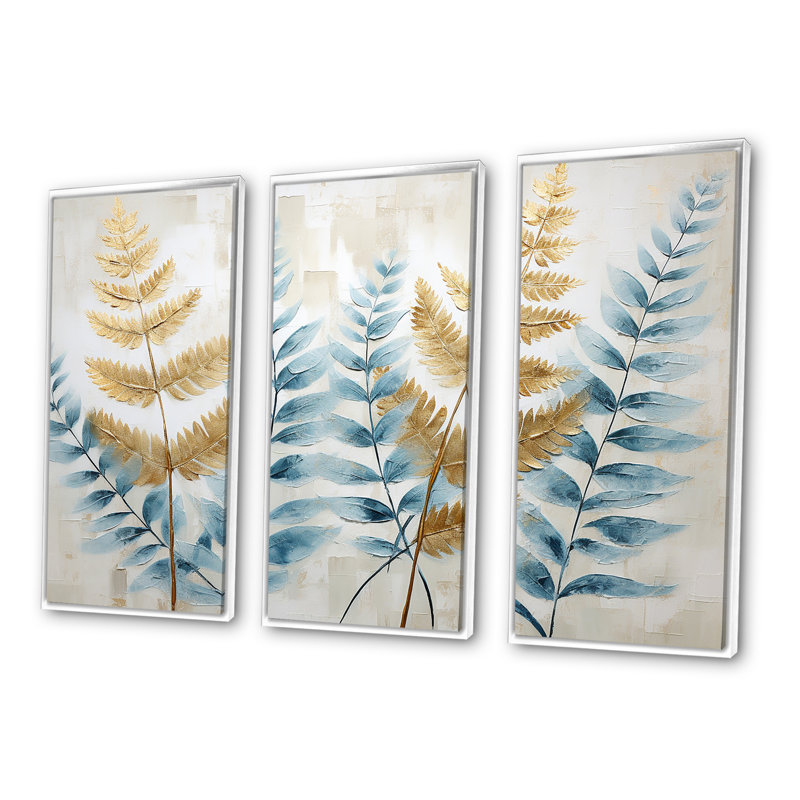 Ensemble de décorations murales Blue and Golden Ferns Symphony III - Ferns, Cadre flottant blanc, H 32 po x l 48 po x P 1 po