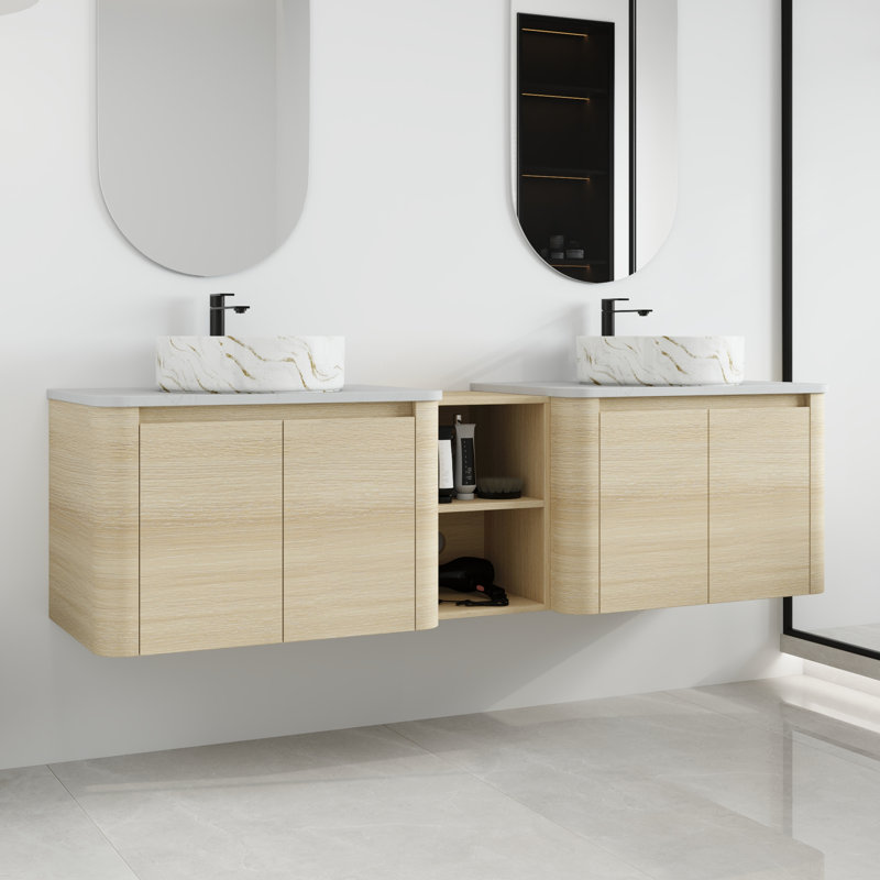 Ensemble de meuble-lavabo double mural 72 po avec lavabo en céramique et tablettes Greythor, ensemble de meuble-lavabo double 72 po avec plateau en pierre reconstituée