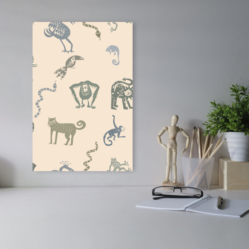 Jungle Animal Pattern Playful Whimsical Contemporary Bird Cat Elephant Forest Nature Wall Art Print, 45.72cm H x 30.48cm W
