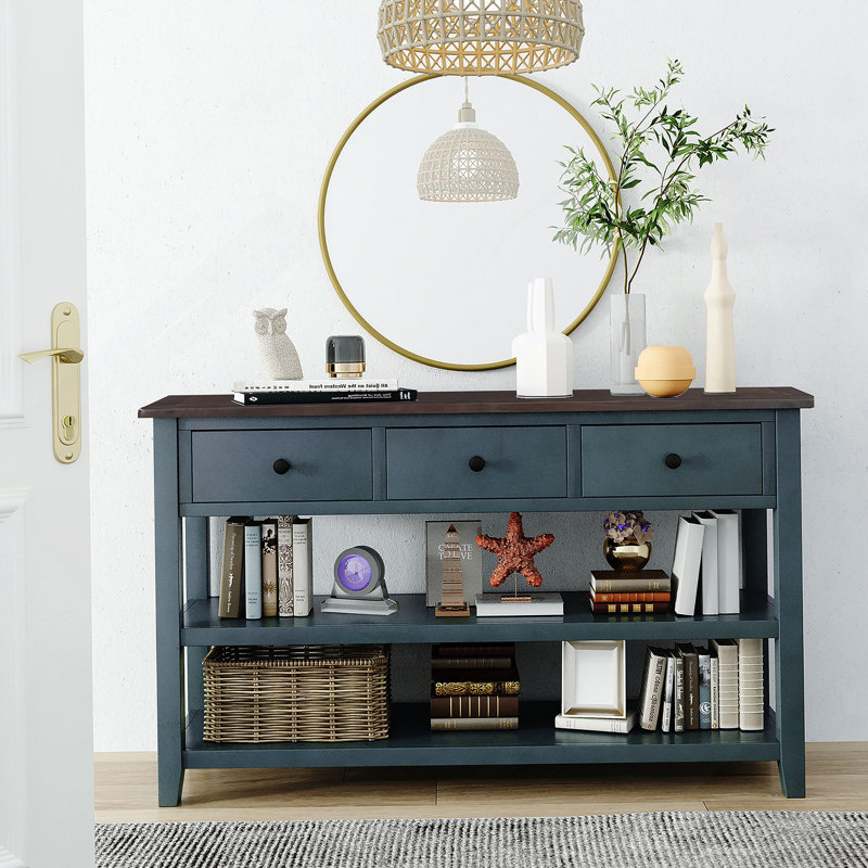 Console rétro avec deux tablettes ouvertes, structure en bois de pin massif et pieds pour le salon (bleu marine), Marine
