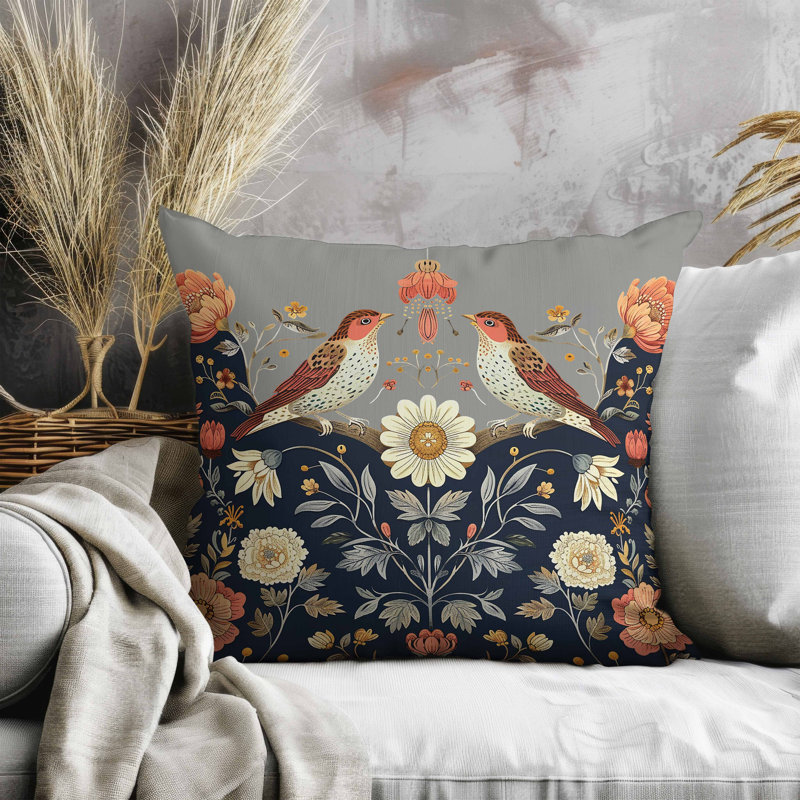 Coussin Birdsong, Carré 16 po, Bleu / orange / bleu marine / gris