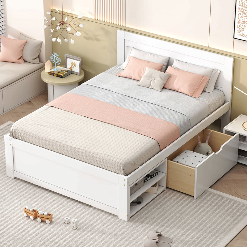 Platform Bed With Drawer And Two Shelves, Full, Antique White