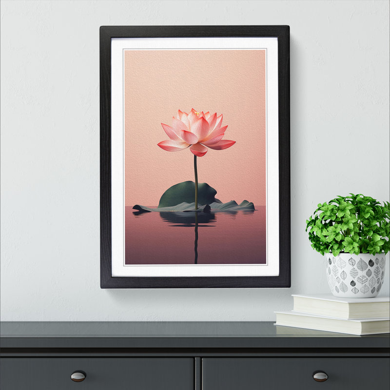 Lotus Flower Minimalism - Single Picture Frame Print on Wood, 46cm H x 34cm W x 2cm D, Black