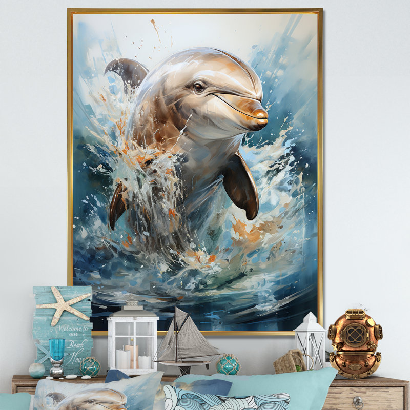Dolphin Elegance - Art mural dauphin, H 32 po x l 16 po x P 1 po, Cadre flottant doré