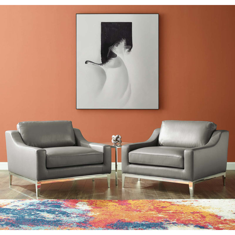 Harness Stainless Steel Base Leather Armchair Set of 2, Gray Leather Match