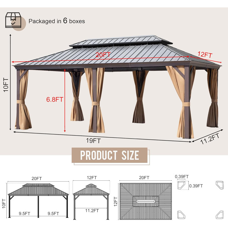 12ft x 20ft Hardtop Gazebo with Netting and Curtains, Heavy Duty Outdoor Pavilion with Aluminum Frame & Double Galvanized Steel Roof for Patio, Backyard, Deck & Lawn