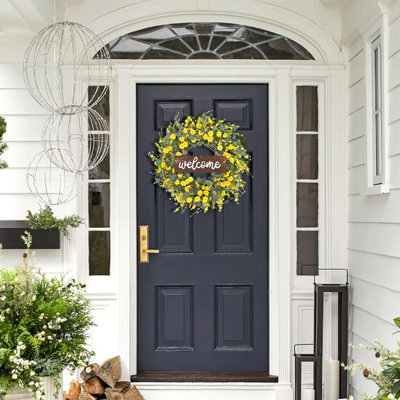 24'' Summer Wreaths for Front Door, Farmhouse Yellow Daisy Eucalyptus Wreath for Front Door Wall Home Party Decorations（Welcome Sign）