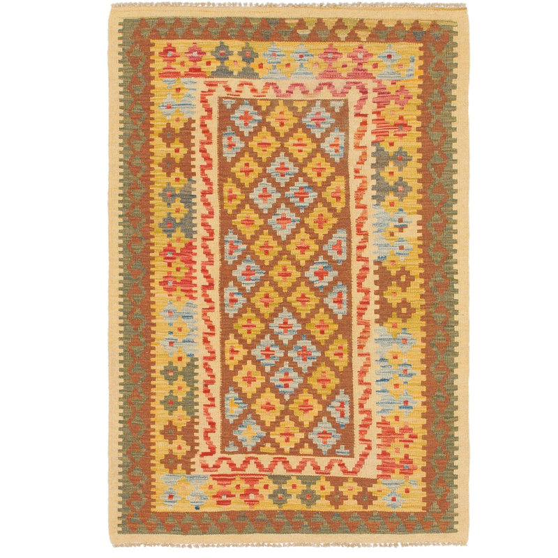 Tapis de zone en laine jaune/brun 3 pi x 4 pi 10 po one-of-kind à la main noué la Doorfield