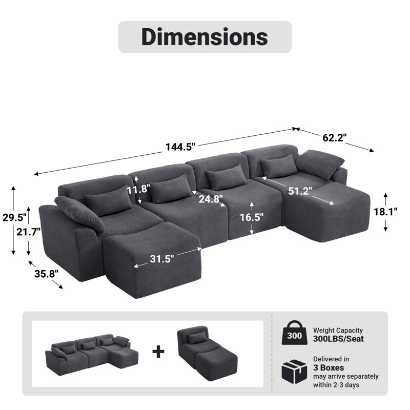 Segal 6 Piece 144.5" Oversized  U Shape Compression Modular Soft Chenille Cloud Upholstered Sofa, No Assembly Required