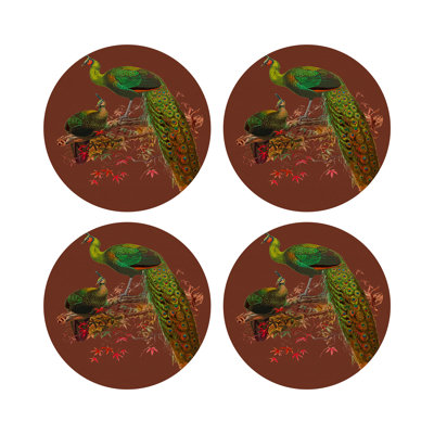 Family Pheasants Vegan Leather Round Pebble Placemat